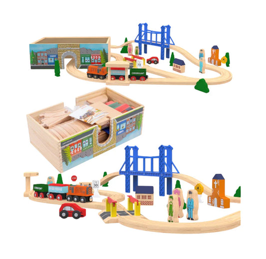 Deluxe 52-Piece Wooden Train Set with Storage Box & Tunnel